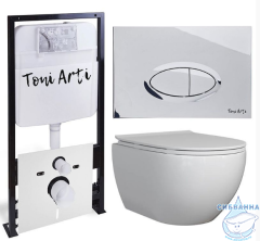 Инсталляция TONI ARTI TA-01 с кнопкой смыва TA-0051 в комплекте с безободковым унитазом Baglio c сиденьем Soft close (микролифт)